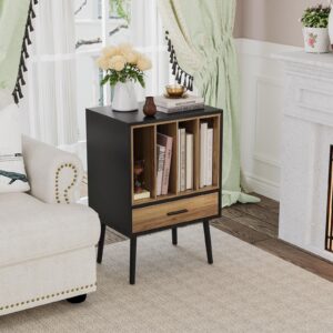 Semiocthome Record Player Stand with Nesting Vinyl Storage Crate, Record Player Table with a Drawer and Solid Wood Legs, Side End Table for Turntables for Living Room Bedroom