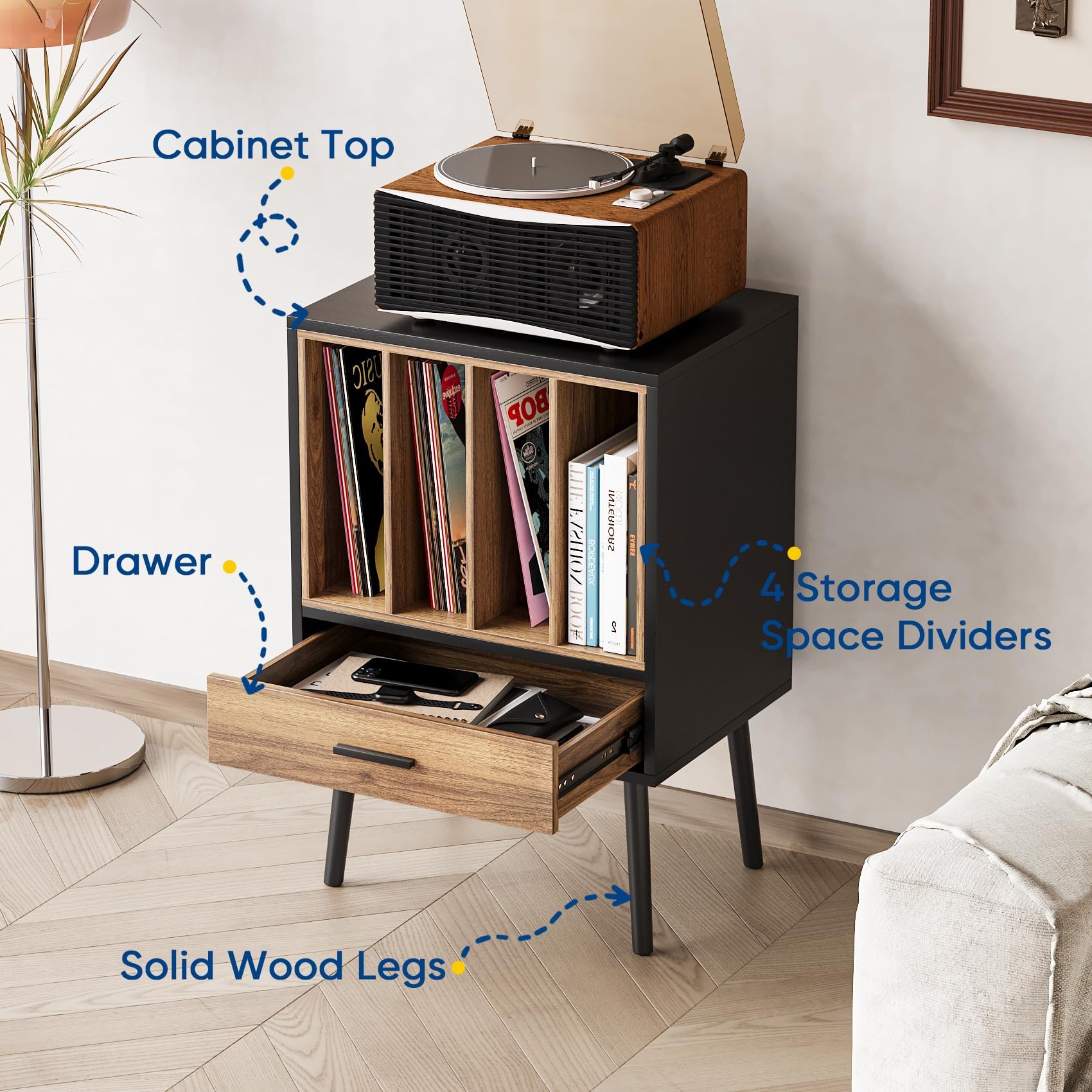 Semiocthome Record Player Stand with Nesting Vinyl Storage Crate, Record Player Table with a Drawer and Solid Wood Legs, Side End Table for Turntables for Living Room Bedroom