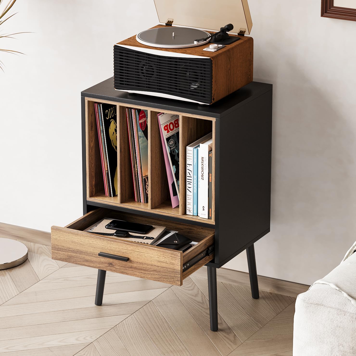 Semiocthome Record Player Stand with Nesting Vinyl Storage Crate, Record Player Table with a Drawer and Solid Wood Legs, Side End Table for Turntables for Living Room Bedroom