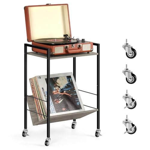 ETELI Record Player Stand Table with Vinyl Album Storage Vintage Small Turntable Stand with Wheels Holds 70 to 90 Albums Industrial Record Player Side Table, Grey