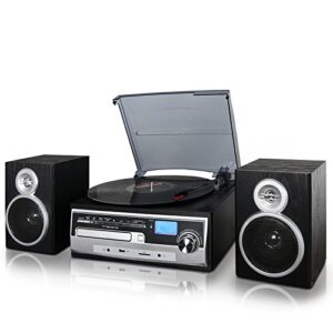trexonic 3-speed vinyl turntable home stereo system with cd player, fm radio, bluetooth, usb/sd recording and wired shelf speakers, black (trx-28sp)
