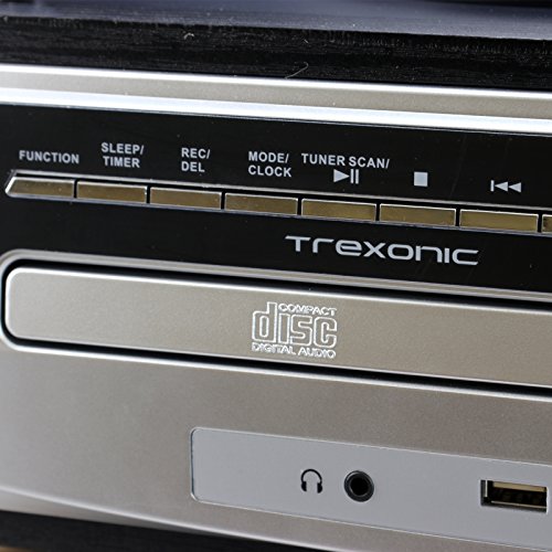 Trexonic 3-Speed Vinyl Turntable Home Stereo System with CD Player, FM Radio, Bluetooth, USB/SD Recording and Wired Shelf Speakers, Black (TRX-28SP)