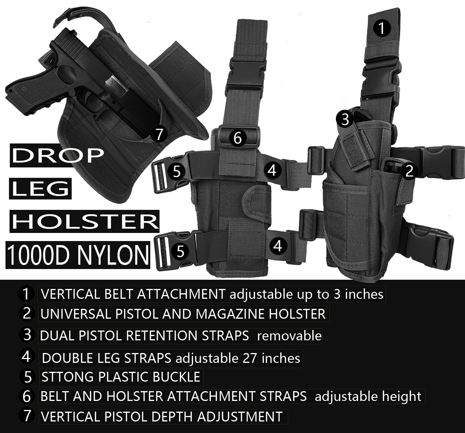 Molle Tactical Pistol Thigh Gun Holster, Drop Leg Holster, Right Hand Adjustable