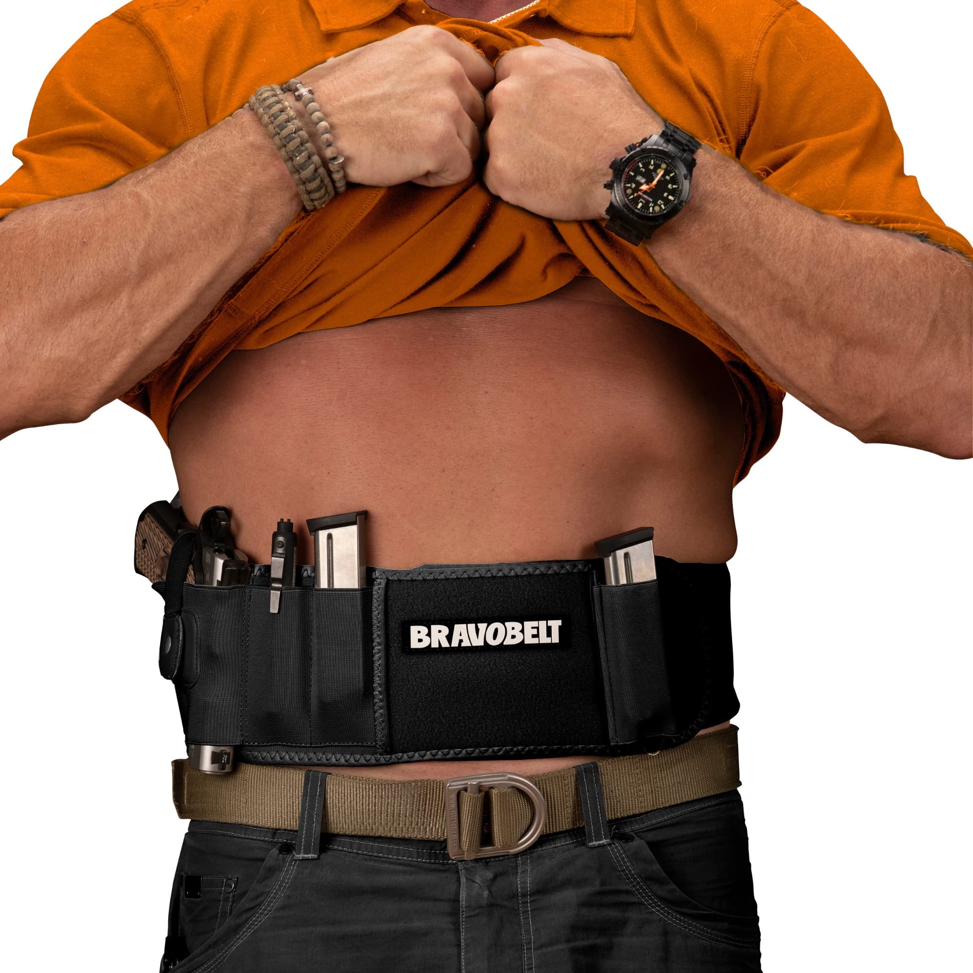 BRAVOBELT Belly Band Holster - Athletic Flex FIT for Running, Jogging, Hiking - G17-43 S&W M&P 40 Shield Bodyguard Kimber (Up to 44" Belly, Black)