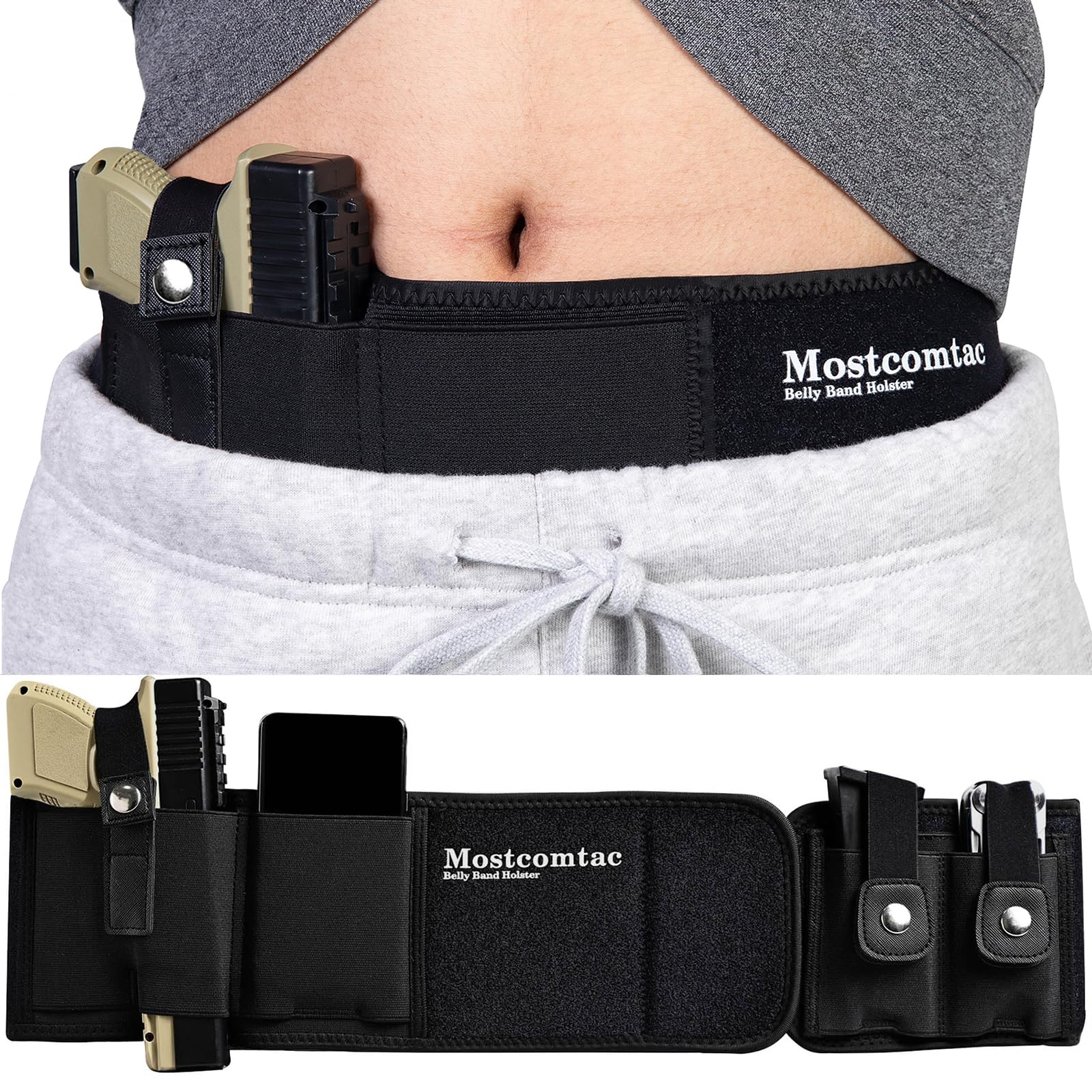 Mostcomtac Belly Band Holster for Concealed Carry - Gun Holsters for Men Women, Waist Holster for Pistols, Fit Glock, Ruger Lcp, S&W M&P 40 Shield Bodyguard, Sig Sauer, Beretta, 1911, Etc(Black S)