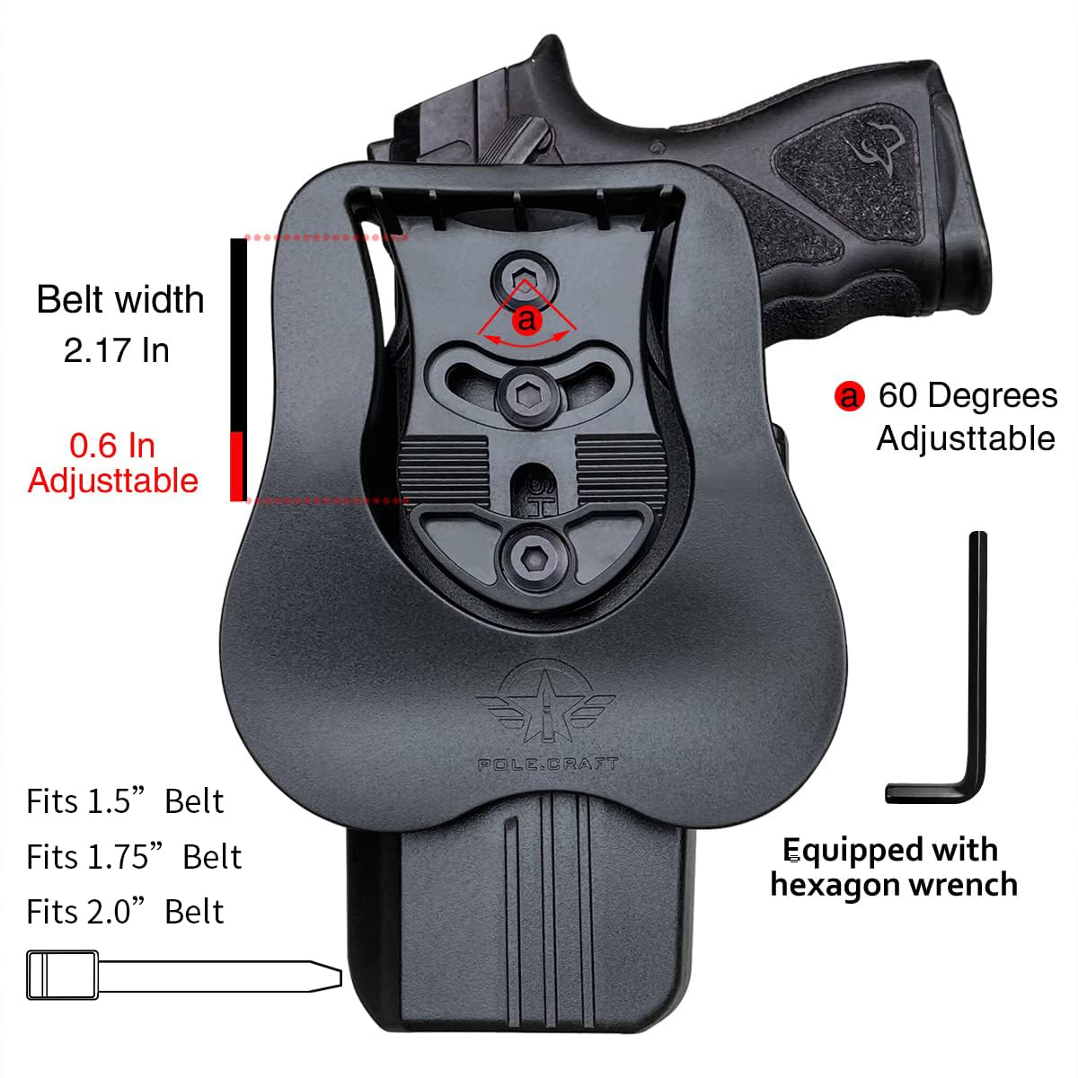 Gun Holster, OWB Holster Paddle Polymer Fit: Taurus TH9 / TH9C - Outside Waistband Open Carry Holster with Safety Lock - Angle Adjustable / 1.5"-2" Belt Adjustable (Black, Right)