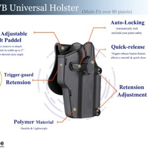 Multi-Fit Gun Holster Fits 80+ Pistols, OWB Tactical Holster for Glock/Sig Sauer/CZ/Ruger/Springfield/Beretta/S&W M&P/1911/Taurus/HK/CZ/Walther, 360° Adjustable Open Carry Holster - Right Handed