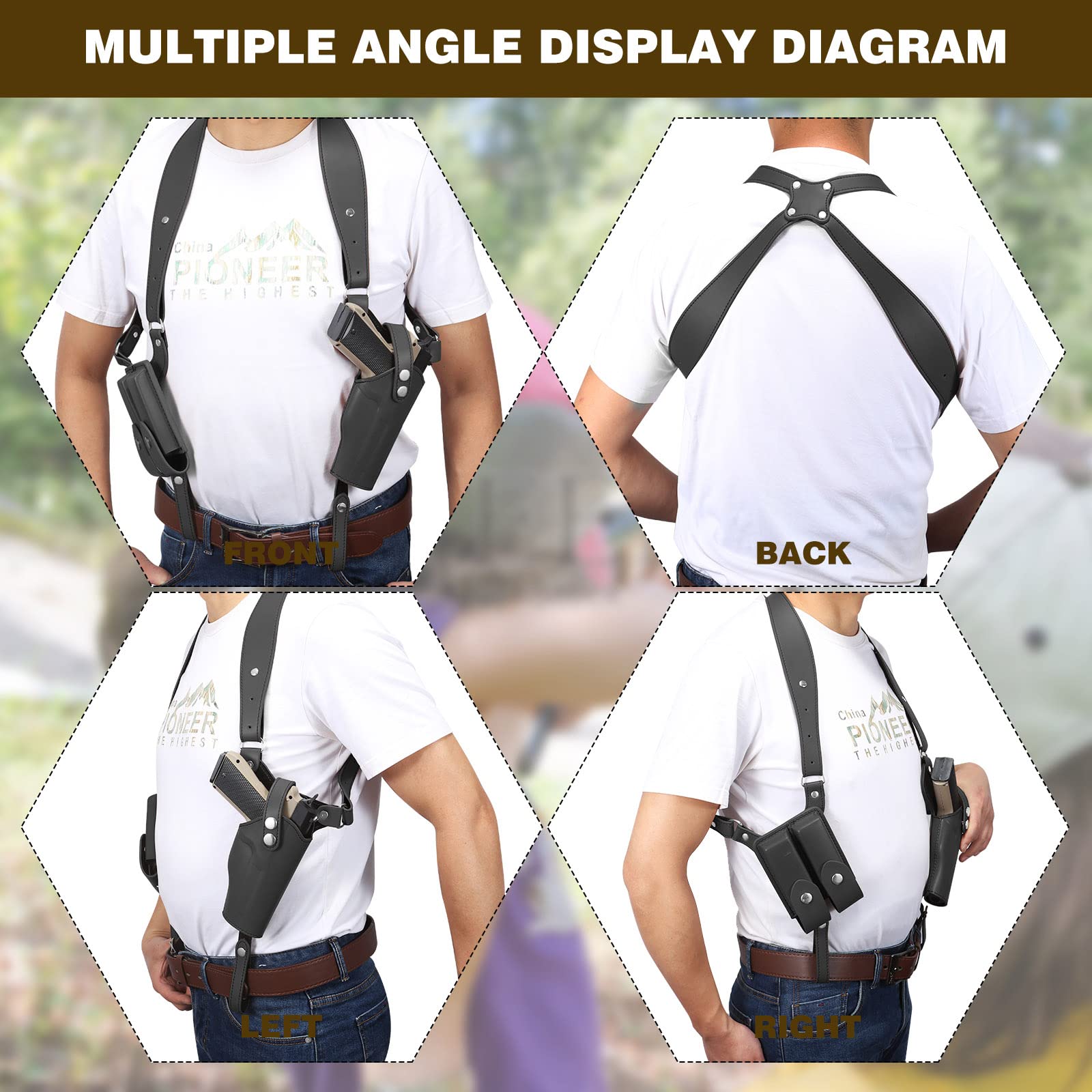 Shoulder Holster General Vertical Gun Holster Adjustable Leather Chest Holster for Concealed Carry with Double Magazine Pouch Adjustable for Glock 1911 and Most Kinds of Pistols-Right Hand Black