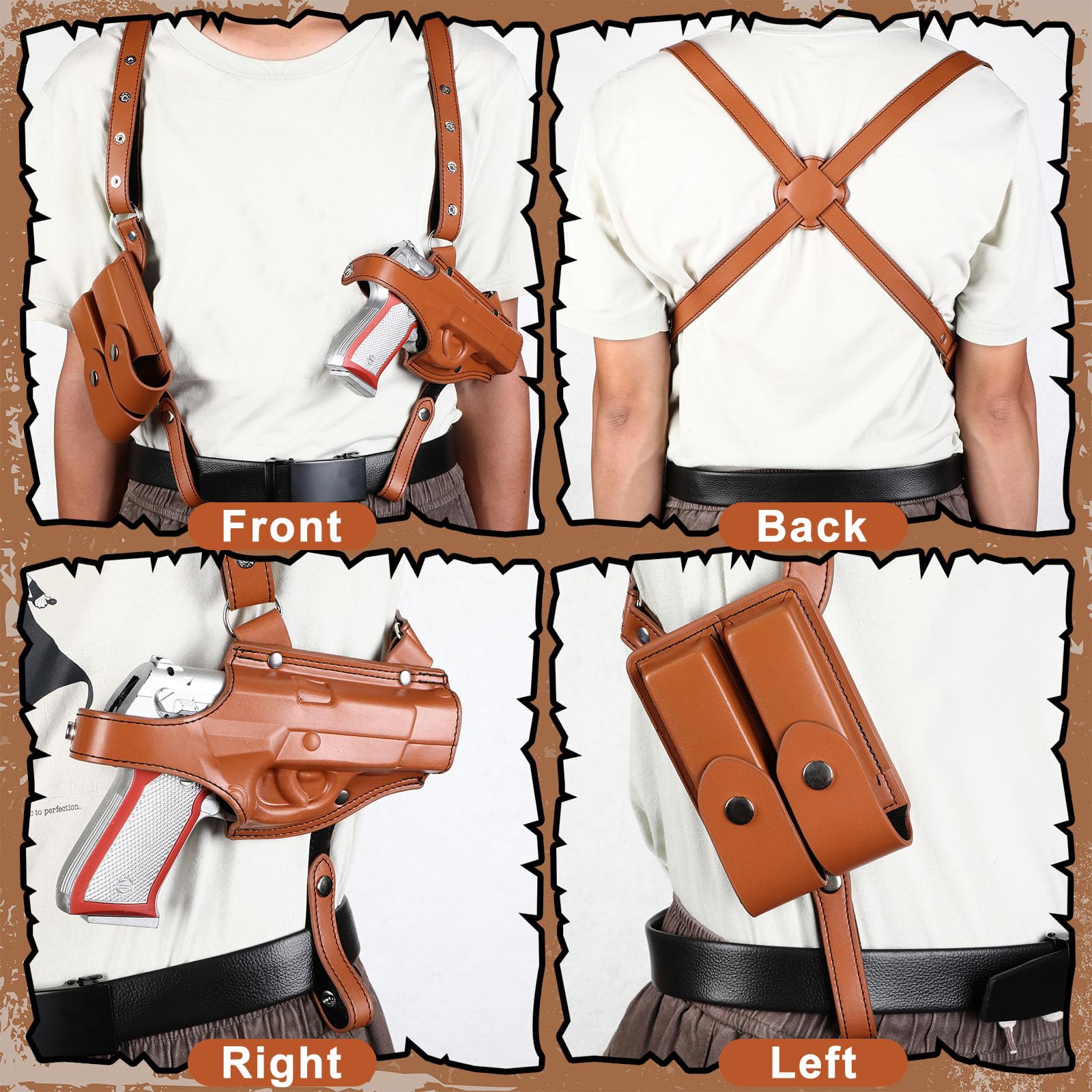 Halloween Shoulder Holster Leather Vertical Gun Holster for Concealed Carry Adjustable Vintage Gun Shoulder Holster with Magazine Pouch Western Cowboy Costume Accessories for Masquerade Party (Brown)