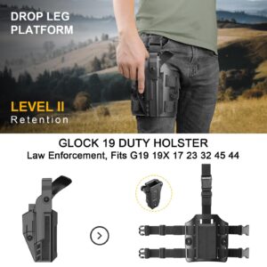 Drop Leg Holster, G19 Level II Tactical Gun Holster Leg Harness Thigh Pistol Holster for Glock 17 19 19X 23 32 44 45 GEN 1 2 3 4 5, Adjustable Duty Holster, Right Handed