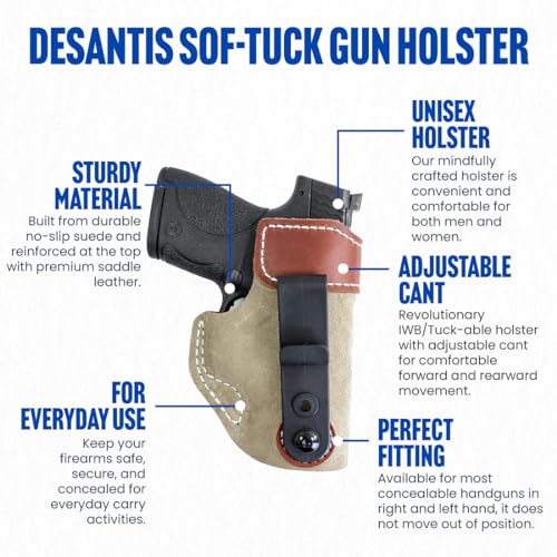 DeSantis Sof-Tuck Gun Holster with Adjustable Cant, Soft No-Slip Suede, Fits S&W SHIELD/RUGER SR9C/SPRINGFIELD HELLCAT, Unisex Holster, Available for Most Concealable Handguns in Right and Left Hand