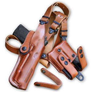 Premium Leather Vertical Shoulder Holster System with Double Magazine Carrier for Kimber 1911 5'' Inch BBL, Right Hand Draw, Brown Color #1111#