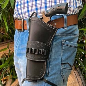 Hulara Leather Cowboy Holster with Ammo Loops .45 Auto, 45 ACP and .44 Cal. Western Holster fit 4" to 8" Western Gun Belts Holster 45 Revolver