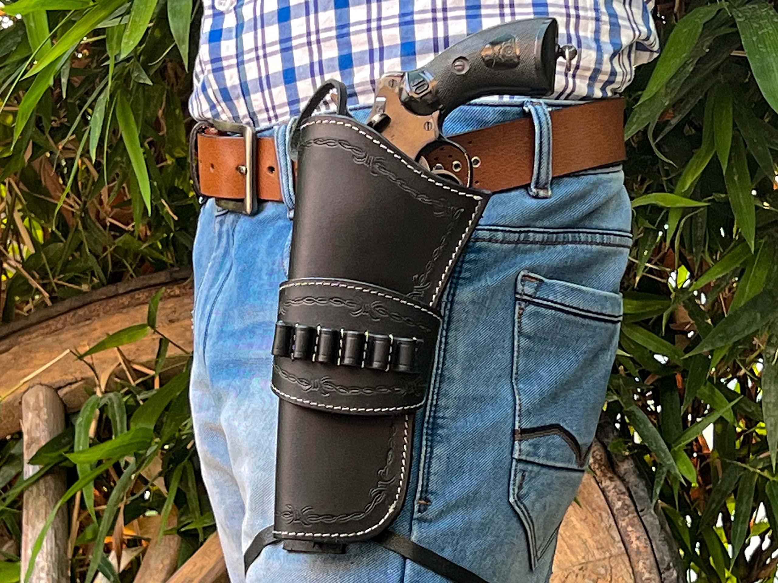 Hulara Leather Cowboy Holster with Ammo Loops .45 Auto, 45 ACP and .44 Cal. Western Holster fit 4" to 8" Western Gun Belts Holster 45 Revolver