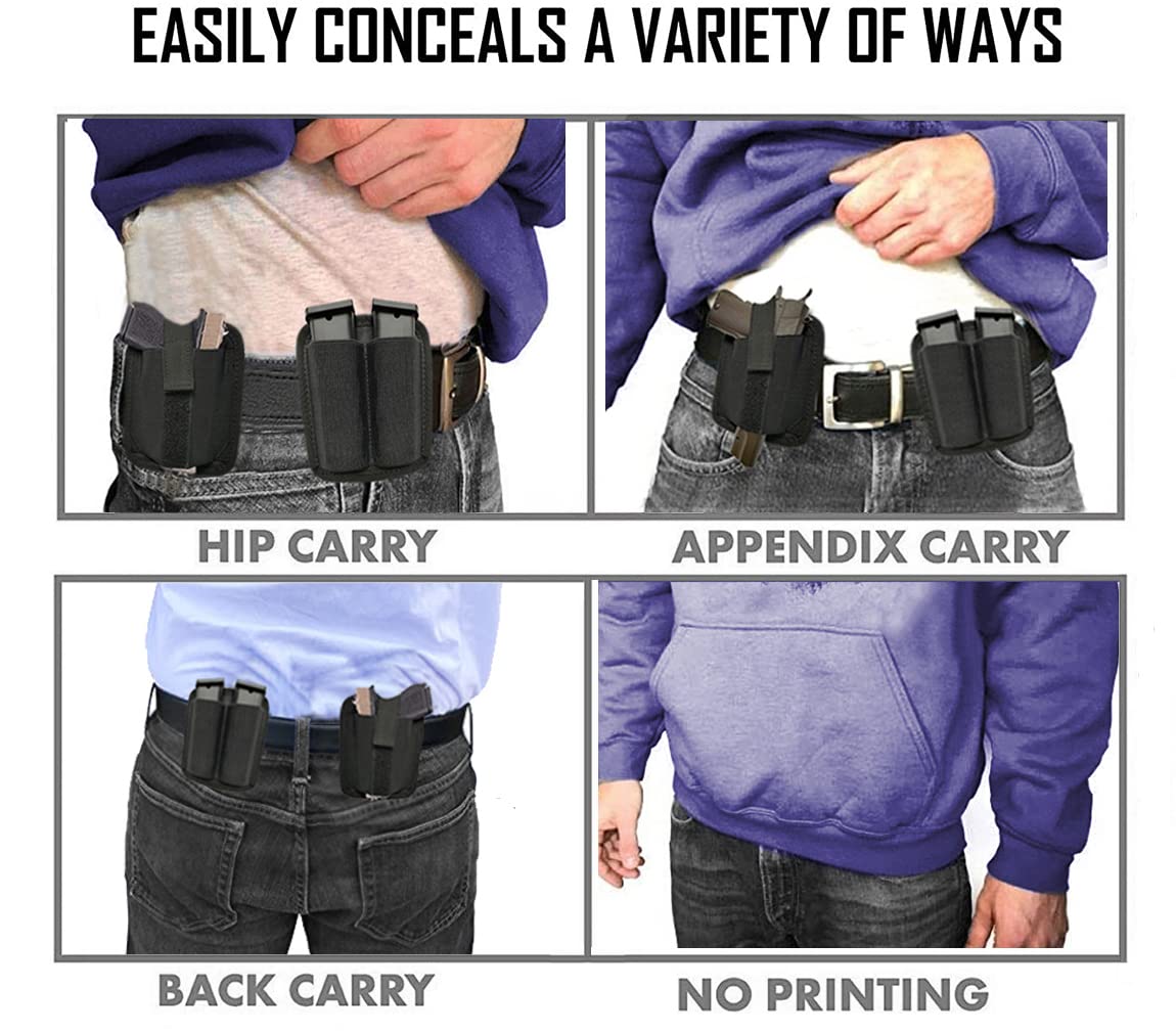 Gun Holster/Double Magazine Pouches for Concealed Carry, Waistband Pistol Holster, Men/Women Universal Handgun Holster for Right/Left Hand (Black)