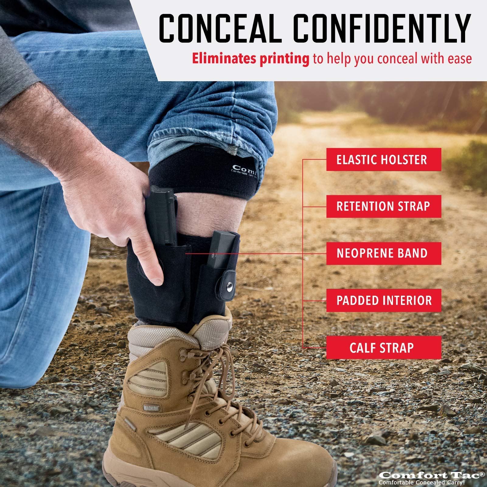 ComfortTac Ankle Holster with Calf Strap and Spare Magazine Pouch for Concealed Carry - One Size Fits Most - Compatible w/Glock 19, 26, 36, 42, 43, S&W Shield, Bodyguard 380, Ruger LCP, LC9, and More