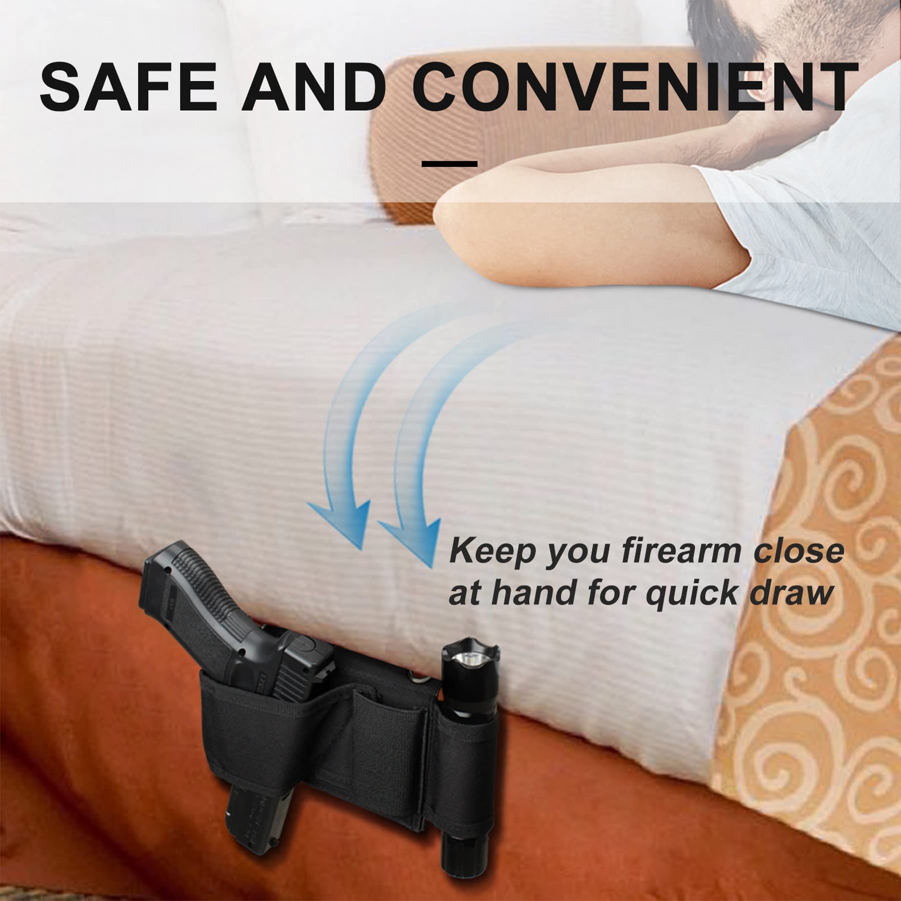 FIREDOG Bedside Holster, Bed Gun Holster for Mattress Car Desk Home Office,Fits for Glock 17 22 S&W Different Handgun Holster