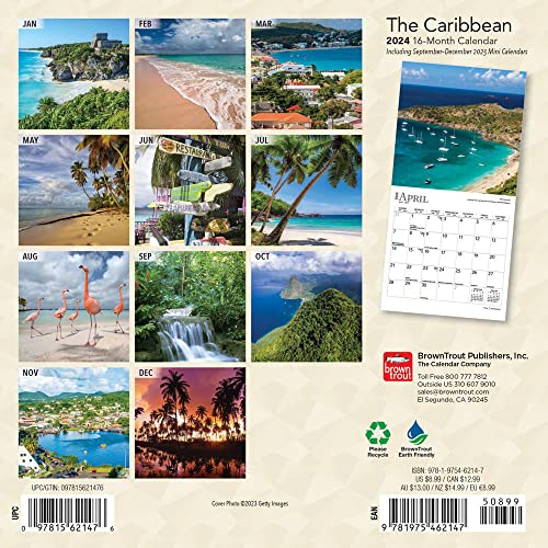 The Caribbean | 2024 7 x 14 Inch Monthly Mini Wall Calendar | BrownTrout | Travel Nature Beach Tropical