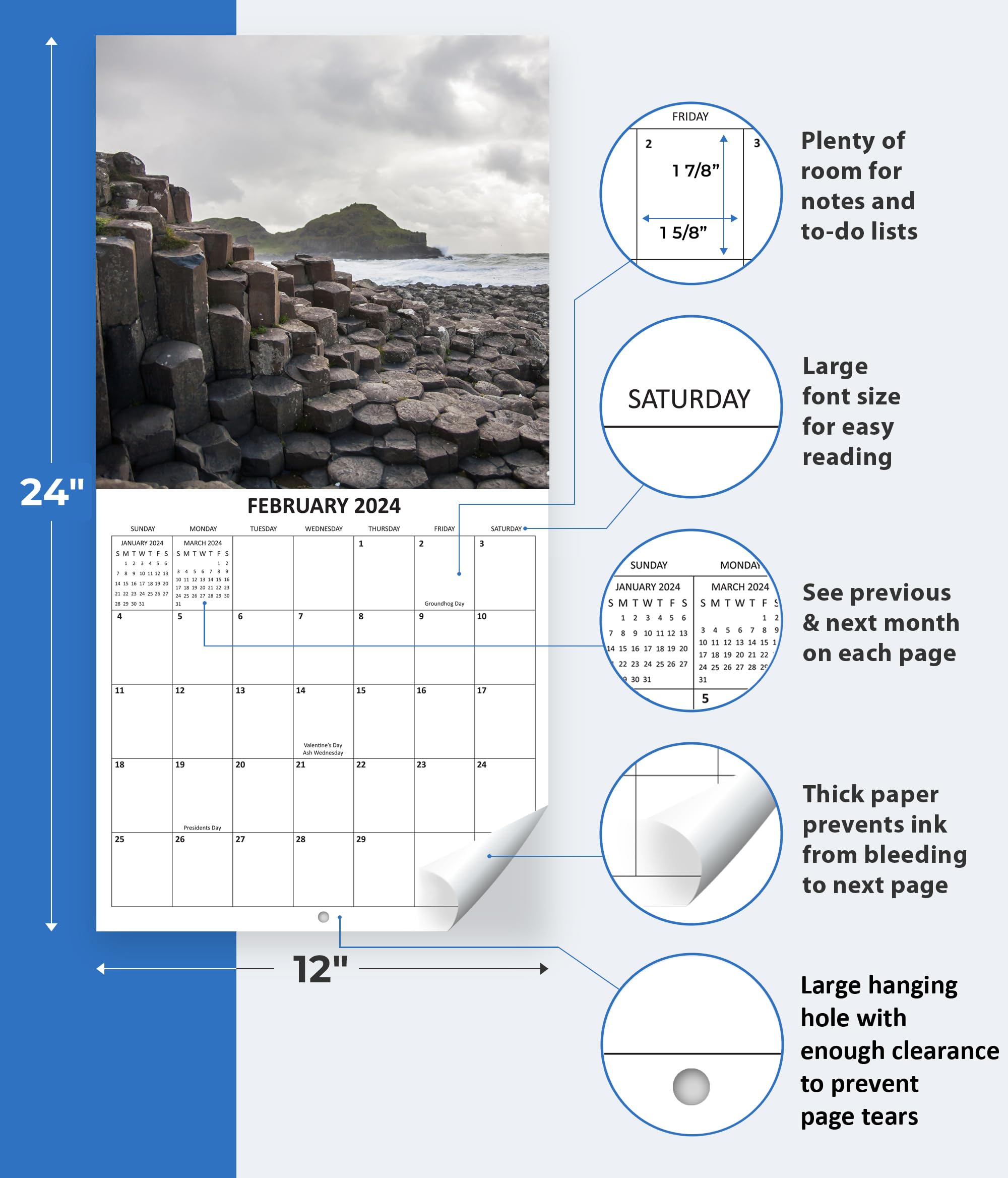 2024 Beaches Monthly Wall Calendar | 12" x 24" | Thick Sturdy Paper | Nature Landscapes Calendar 2024