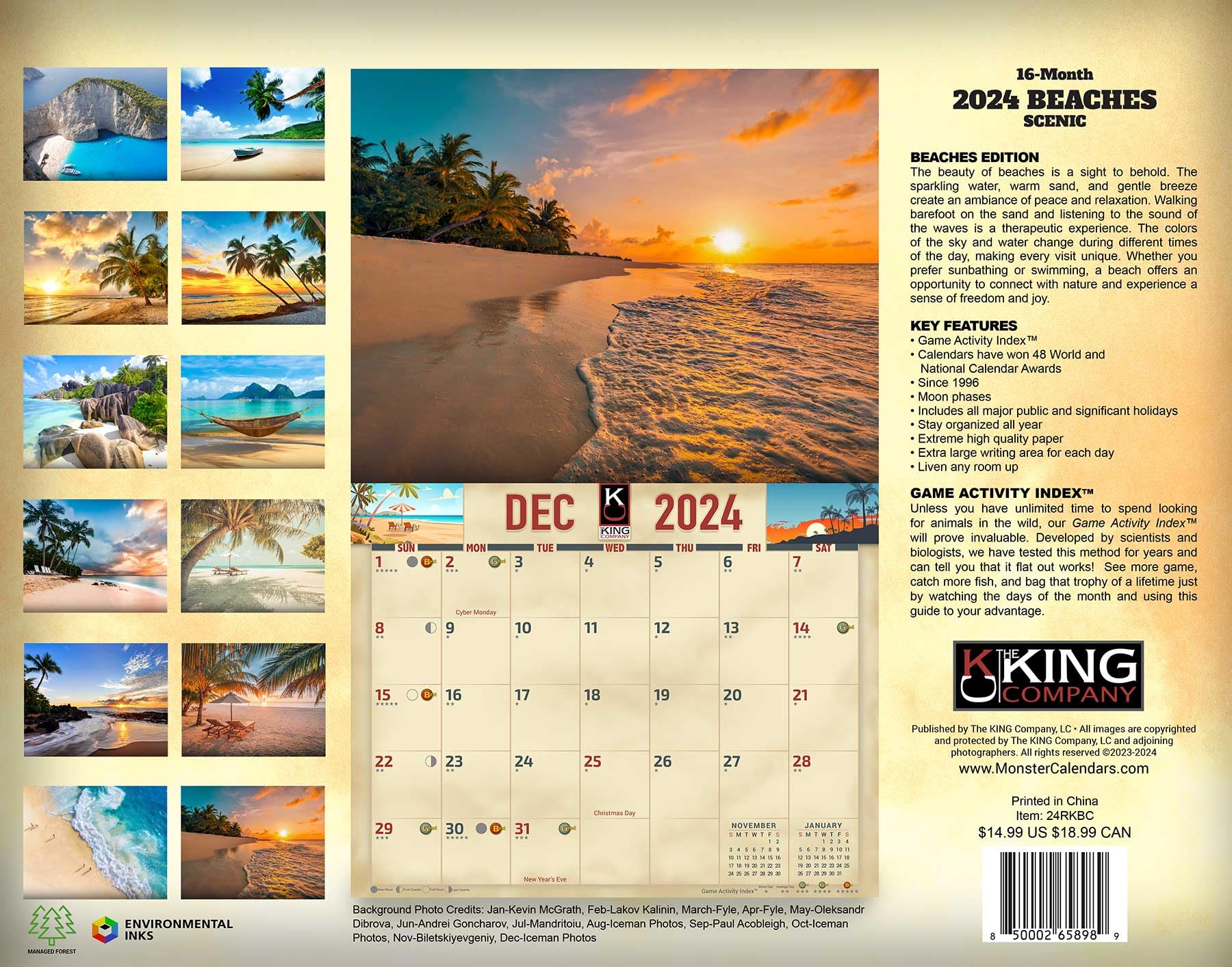 2024 Beaches Scenic Wall Calendar 16-Month X-Large Size 14x22, Best Beach Paradise Calendar by The KING Company-Monster Calendars