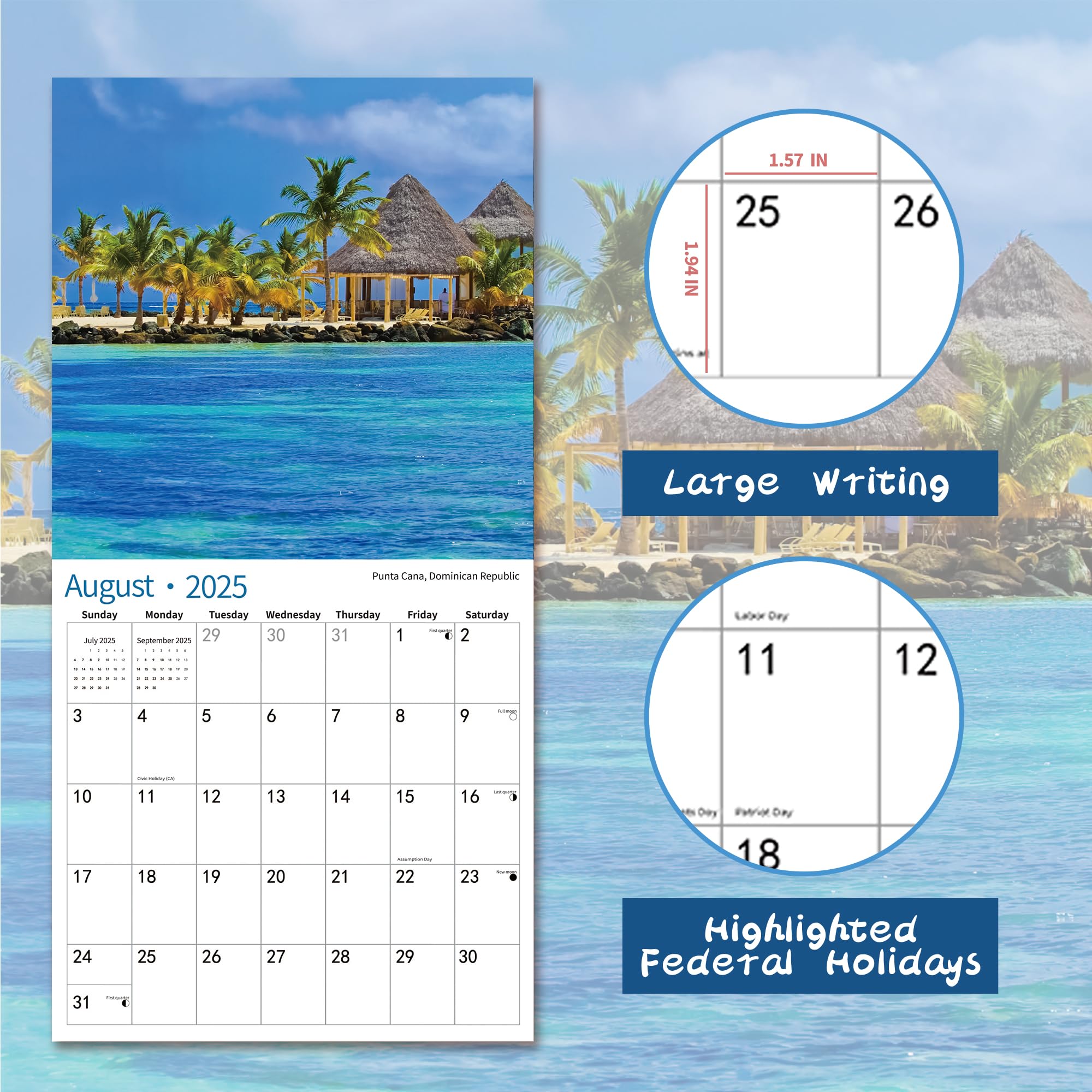 2024 2025 Wall Calendar, 18 Month July 2024 - December 2025, Monthly Calendar BEACHES, 12" x 24" Opened,Full Page Months Thick & Sturdy Paper for Gift Calendar Organizing & Planning