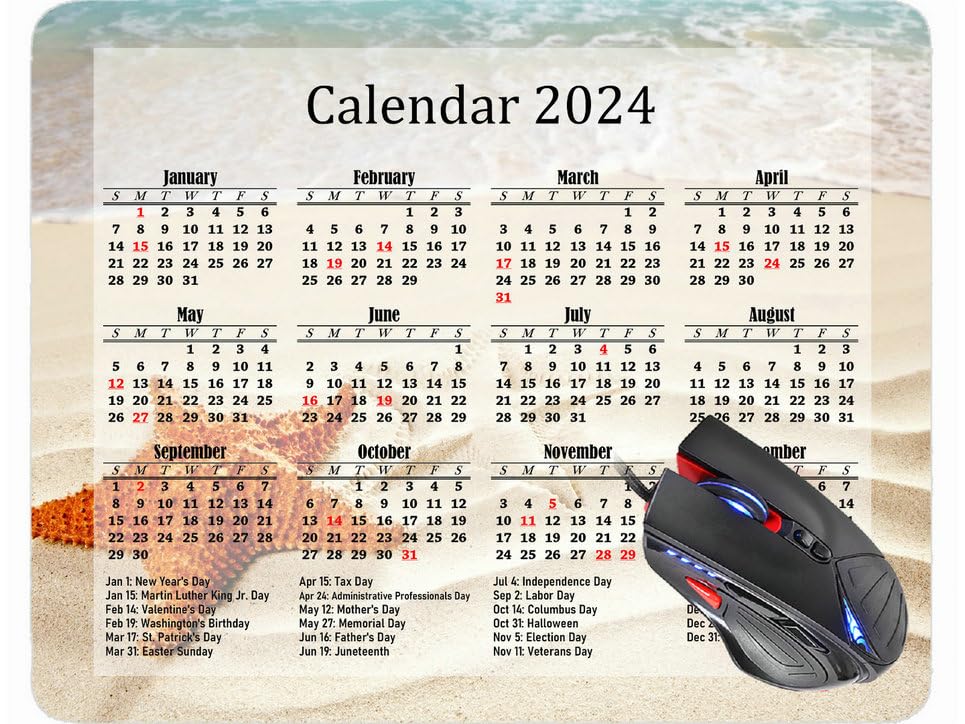Wugao US 2024 Calendar Mouse Pad,Beach Sand Surf Starfish Mouse Pad Mat