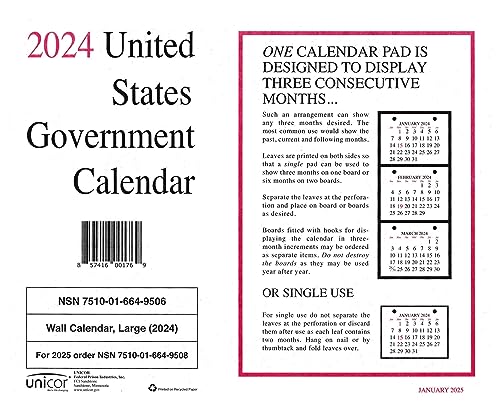 Unicor 2024 US Government Wall Calendar, Qty=1, Single Calendar