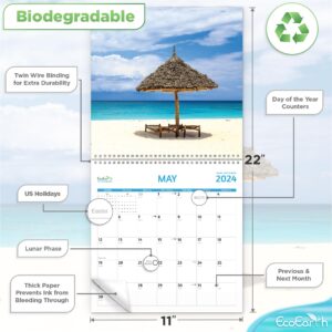 EcoEarth Biodegradable 11x22 Inch (Open) 18-Month Vertical Hanging Wall Calendar, Jul 2023 - Dec 2024 Monthly Calendar, Tropical Beaches