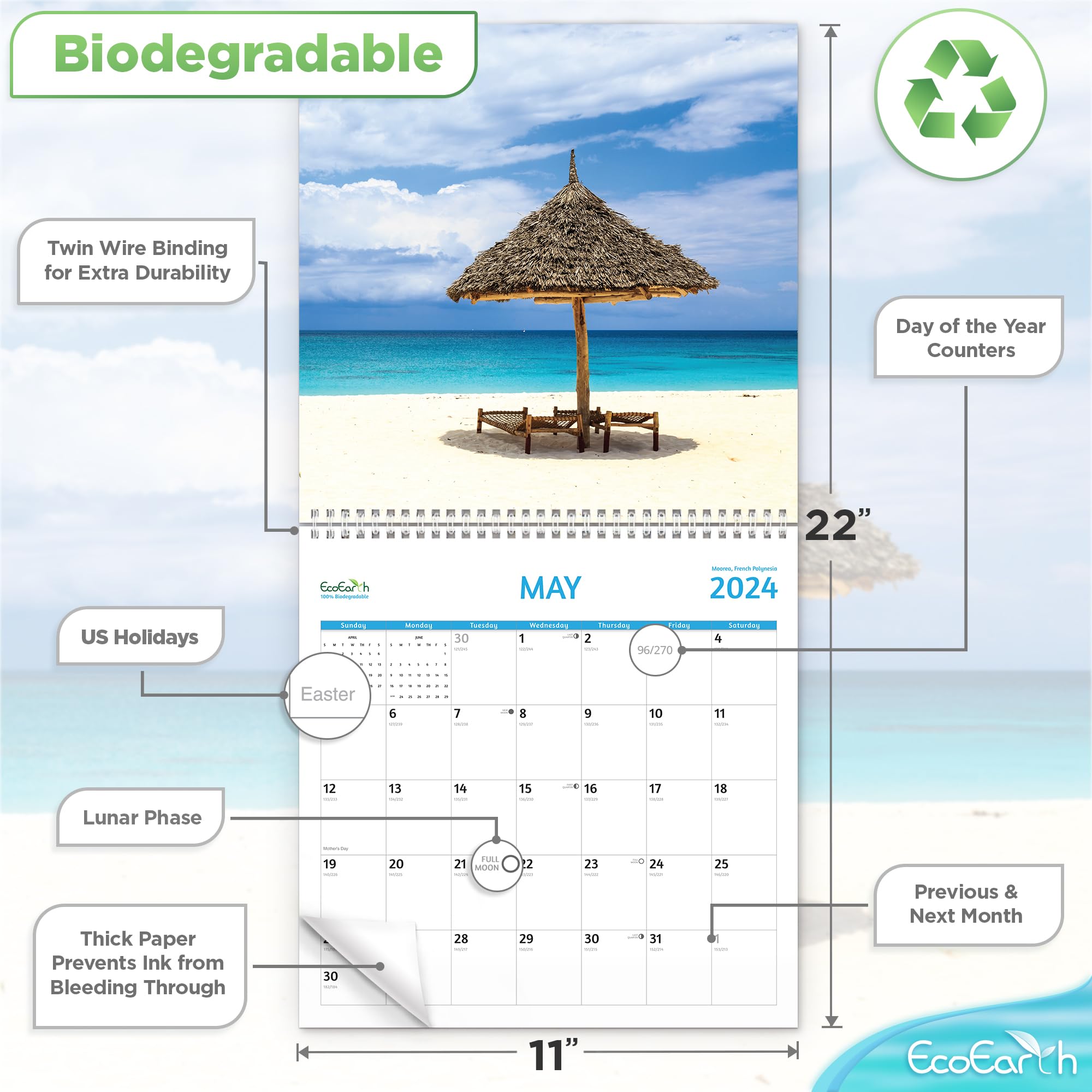 EcoEarth Biodegradable 11x22 Inch (Open) 18-Month Vertical Hanging Wall Calendar, Jul 2023 - Dec 2024 Monthly Calendar, Tropical Beaches