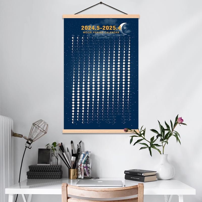 2024 May- 2025 April Moon Phase Calendar Print Poster Vertical Canvas Material Lunar Cycle Chart Ready to Hang with Frame Space Wall Art Decor (16 X 24 Inch)