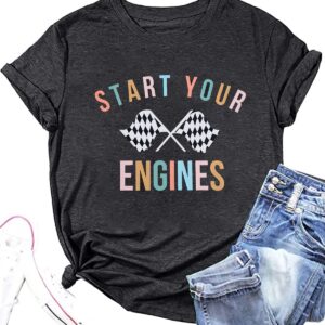 BANGELY Start Your Engines Tshirt Checkered Flag Racing Shirts Raceday Casual Unisex Short Sleeve Tee Tops