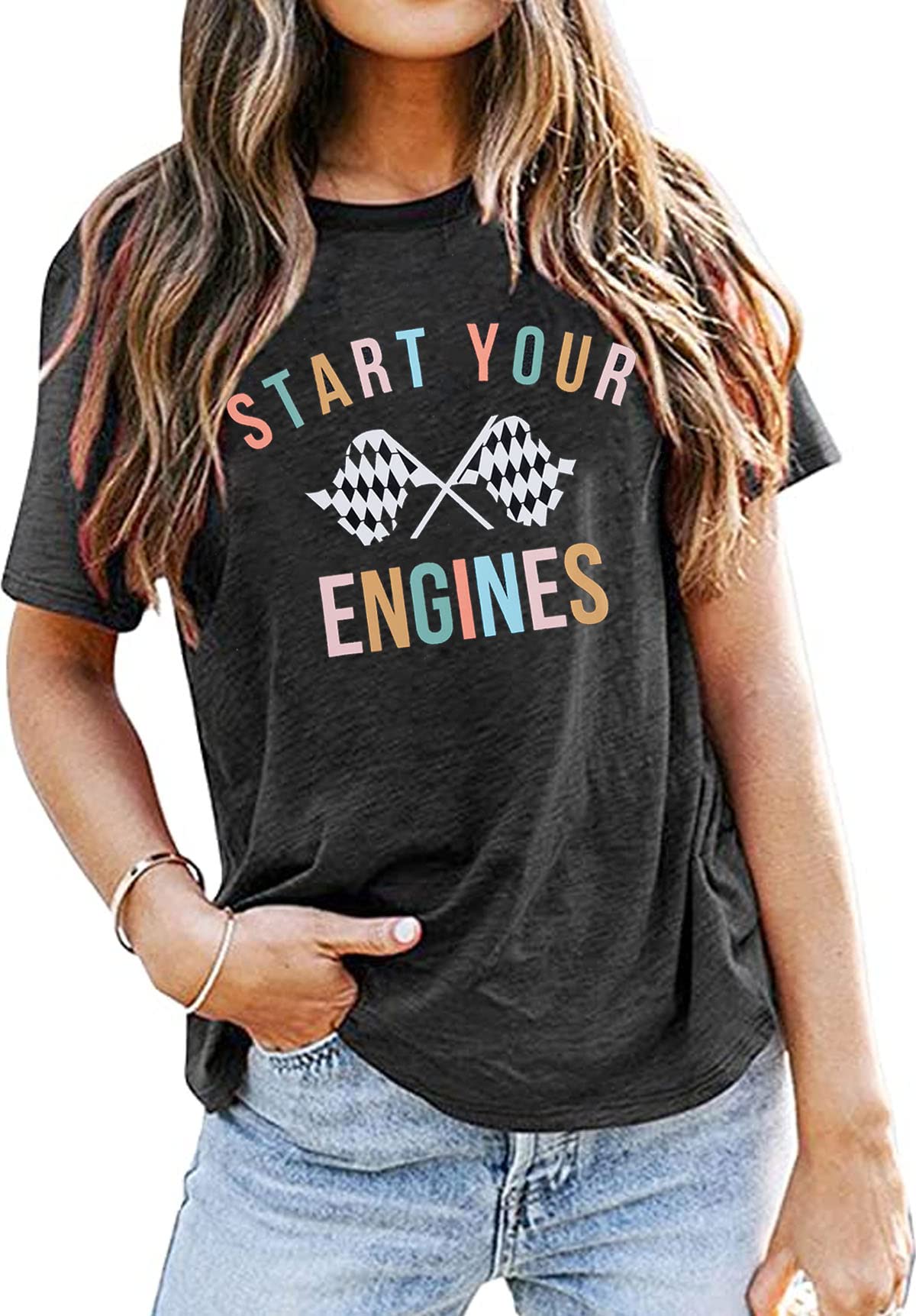 BANGELY Start Your Engines Tshirt Checkered Flag Racing Shirts Raceday Casual Unisex Short Sleeve Tee Tops