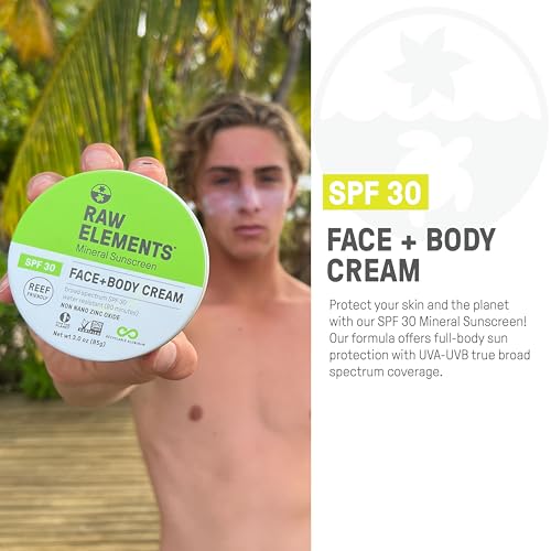 Raw Elements Face and Body Mineral Sunscreen SPF 30 Tin, Organic Sunblock Daily Protection, Non Toxic Reef Safe, Water Resistant, Cruelty Free, Plastic Free, 3 oz (Pack of 1)