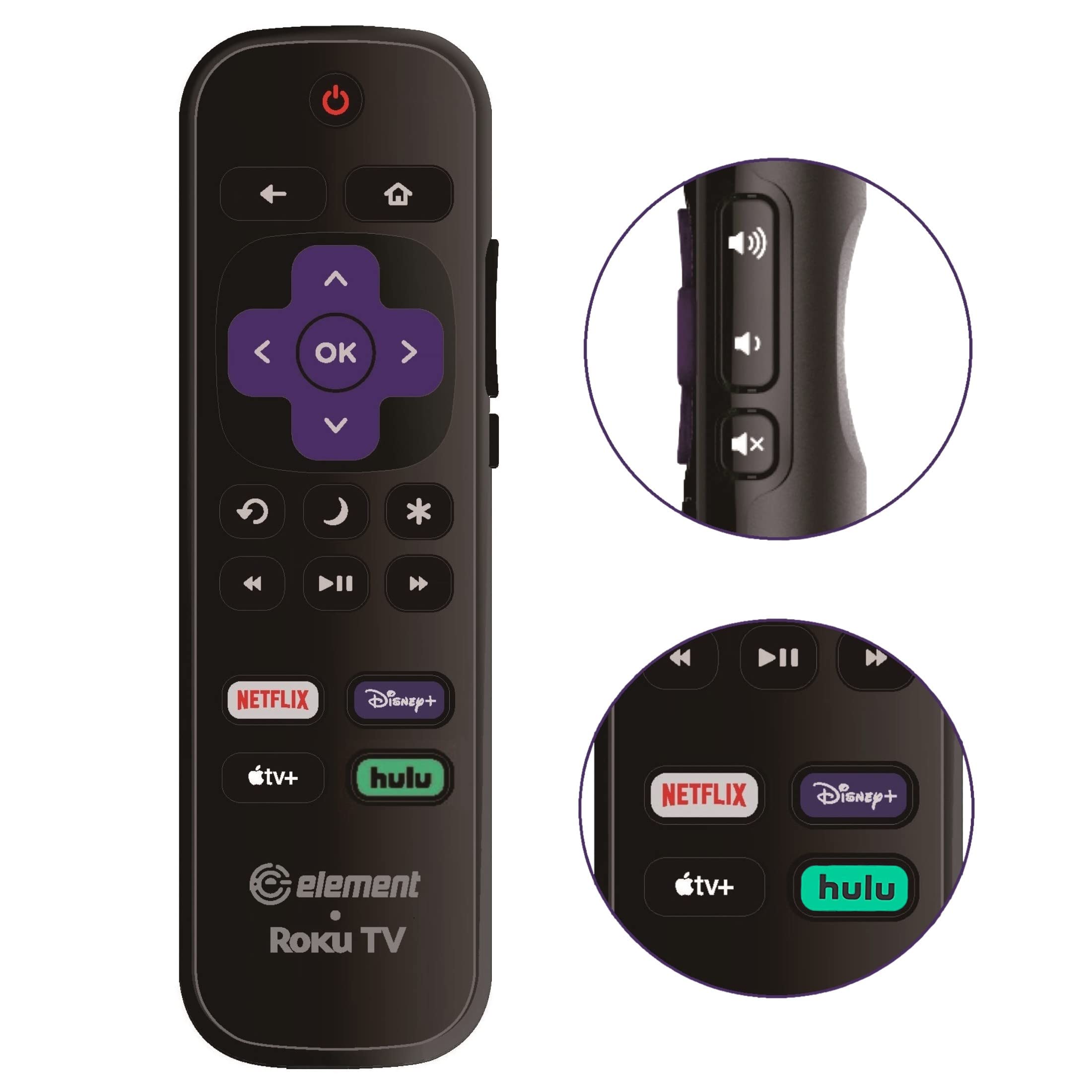 OEM Replacement Remote Control Compatible with All Element Roku TV Smart 4K Ultra HDTV 【Only Works with Element Roku TV, Not for Roku Stick and Roku Box】 (Netflix/Disney Plus/Apple TV+ / Hulu)