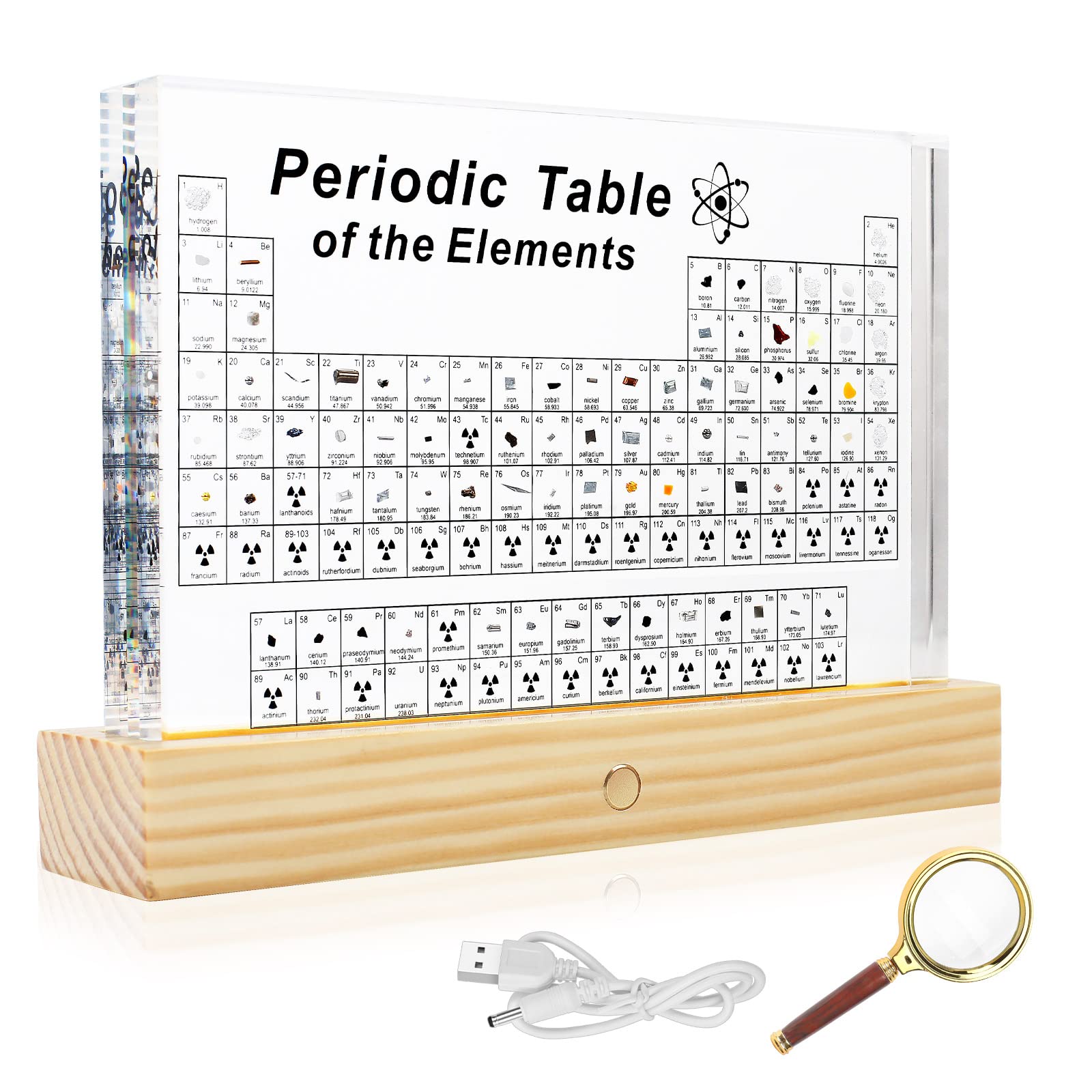 OCTAOR Periodic Table of Real Elements, Wooden Base with RGB Lighting and Magnifying Glass, Student Chemistry Learning Tool, Larger Size Acrylic Science Gift and Craft (8.3 x 5.5 inch)