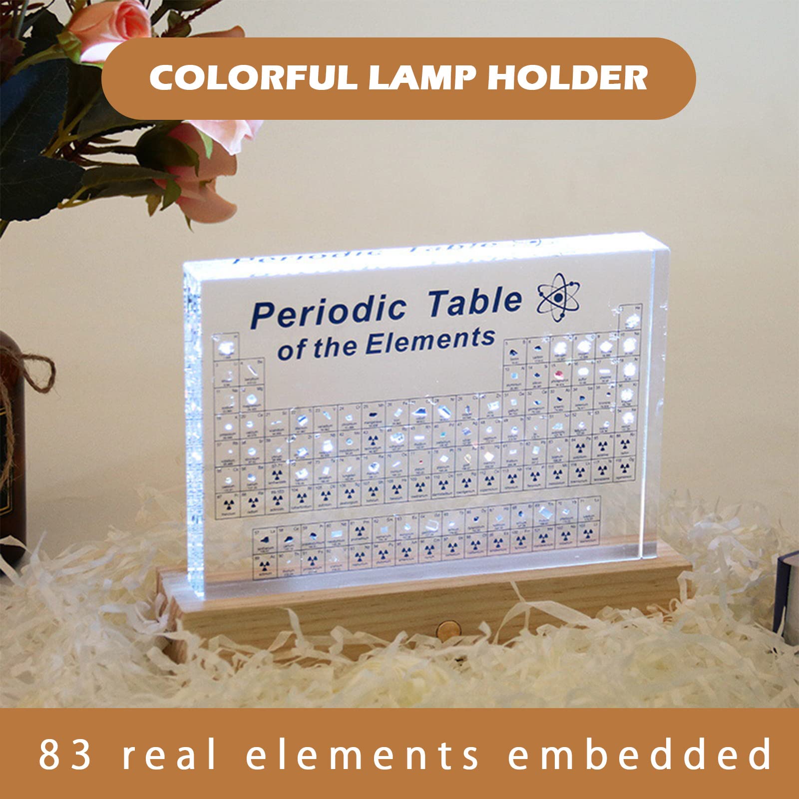 OCTAOR Periodic Table of Real Elements, Wooden Base with RGB Lighting and Magnifying Glass, Student Chemistry Learning Tool, Larger Size Acrylic Science Gift and Craft (8.3 x 5.5 inch)