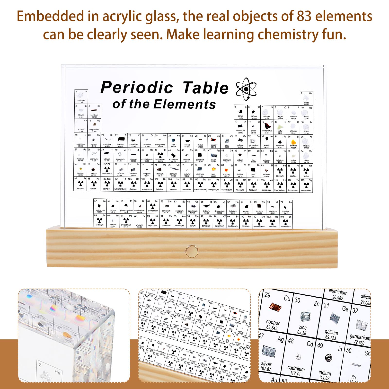 OCTAOR Periodic Table of Real Elements, Wooden Base with RGB Lighting and Magnifying Glass, Student Chemistry Learning Tool, Larger Size Acrylic Science Gift and Craft (8.3 x 5.5 inch)