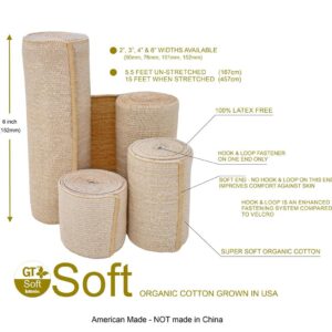 Premium Elastic Bandage Wrap (4" Wide, 2 Pack) - Made of USA Grown Cotton - Hook & Loop Fastener at One End - GT Latex Free Hypoallergenic Compression Roll for Sprains & Injuries