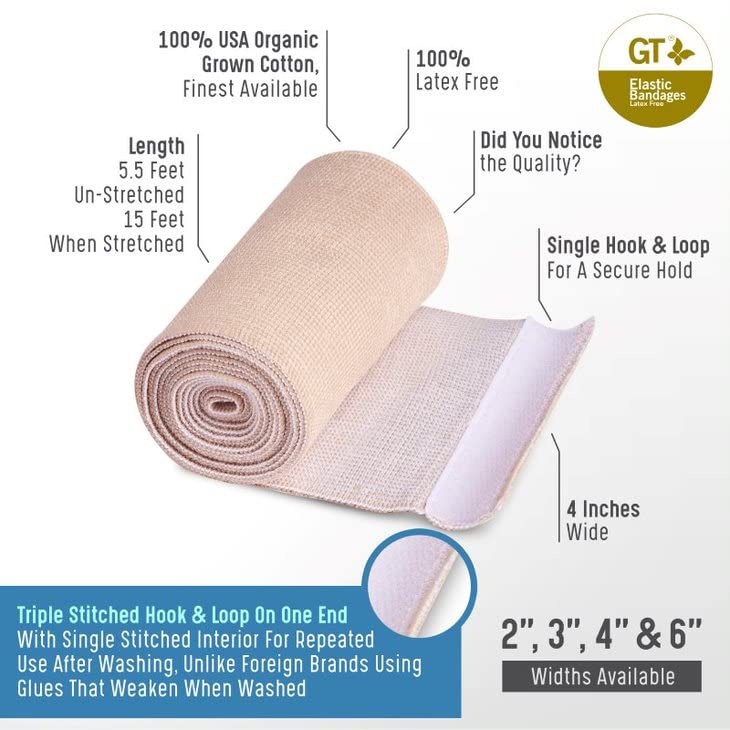 Premium Elastic Bandage Wrap (4" Wide, 2 Pack) - Made of USA Grown Cotton - Hook & Loop Fastener at One End - GT Latex Free Hypoallergenic Compression Roll for Sprains & Injuries