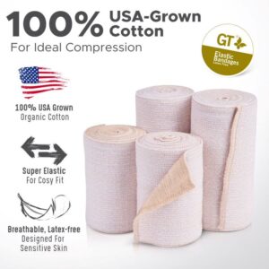 Premium Elastic Bandage Wrap (4" Wide, 2 Pack) - Made of USA Grown Cotton - Hook & Loop Fastener at One End - GT Latex Free Hypoallergenic Compression Roll for Sprains & Injuries