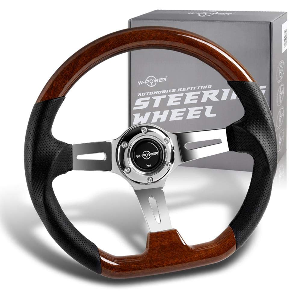 W Power Exclusive 13.5" Dark Wood Grip 6 Lug Bolt Hole Chrome 3-Spoke Vintage 343mm Steering Wheel