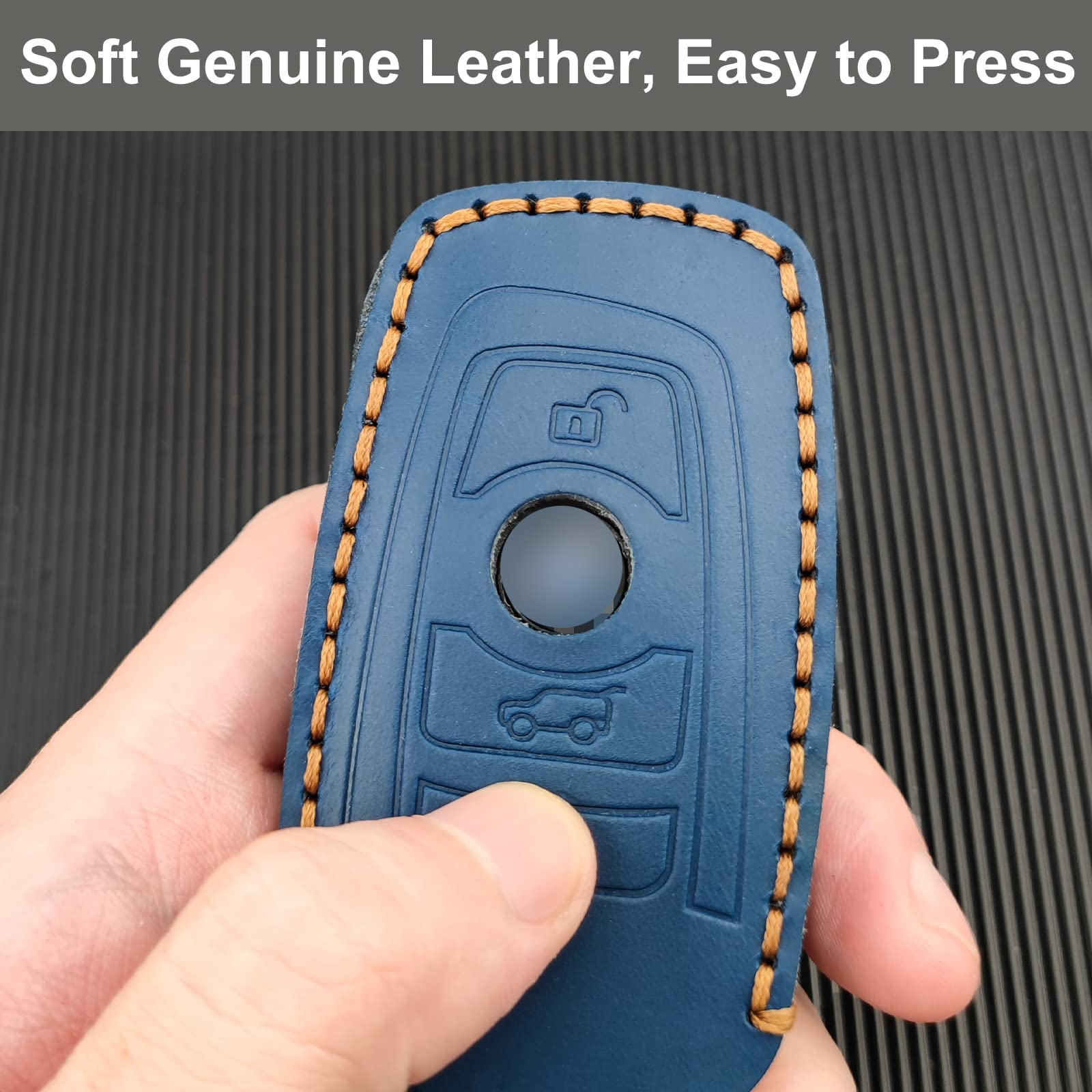 OLLEN Genuine Leather No Screws Key Fob Cover Fit for BMW 1 3 4 5 6 7 Series X3 X4 M5 M6 GT Series etc, Square Shape, Blue