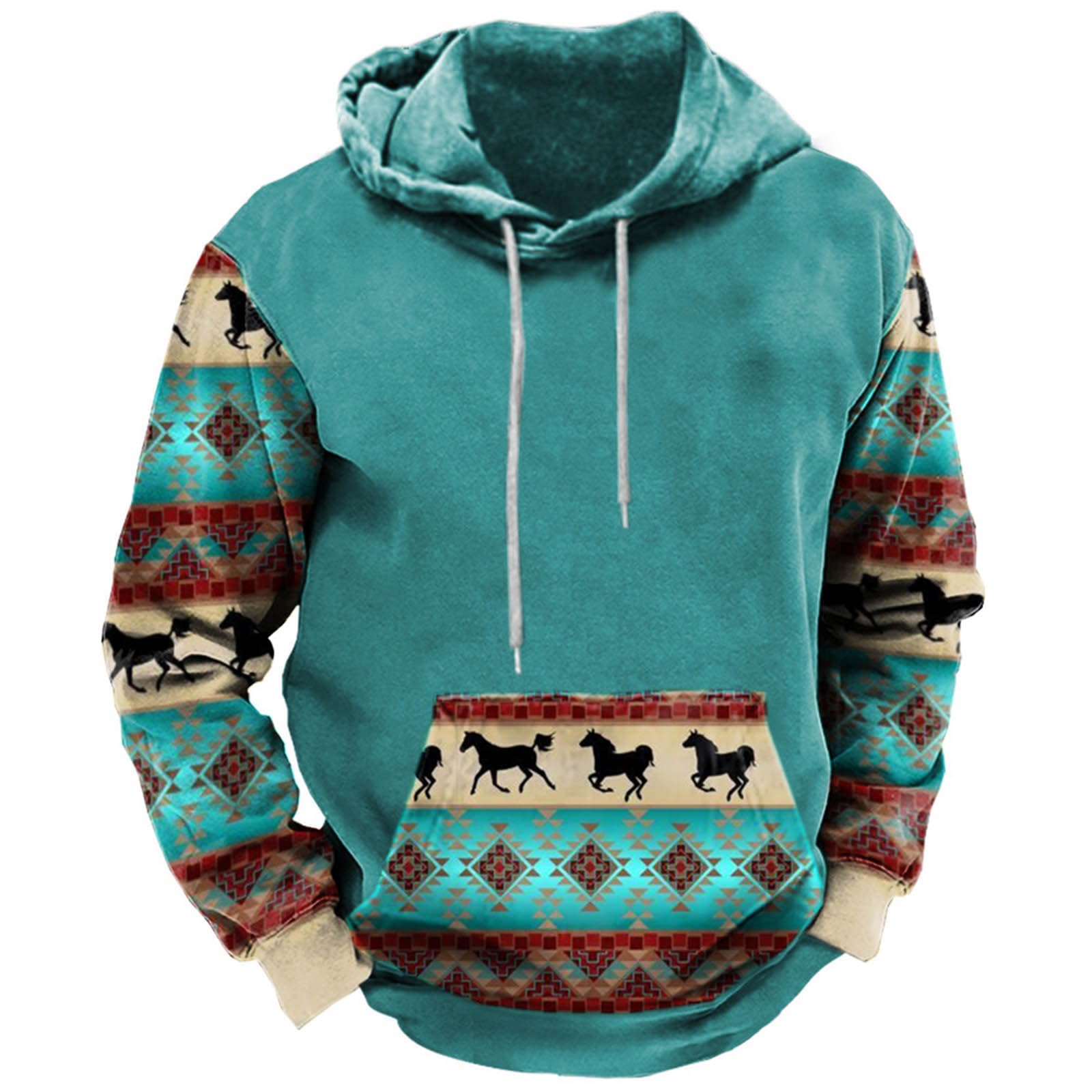 deals of the day clearance prime Western Aztec Ethnic Graphic Hoodies Sweatshirts for Men 2023 Fall Fashion Long Sleeve Casual Ethnic Print Pullover cute halloween hoodies for plus size Blue 3X