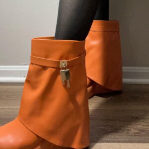 Liliana Women Round Toe Wedge Heel Fold Over Mid-calf Boots Brook-1 Orange Pu 8.5