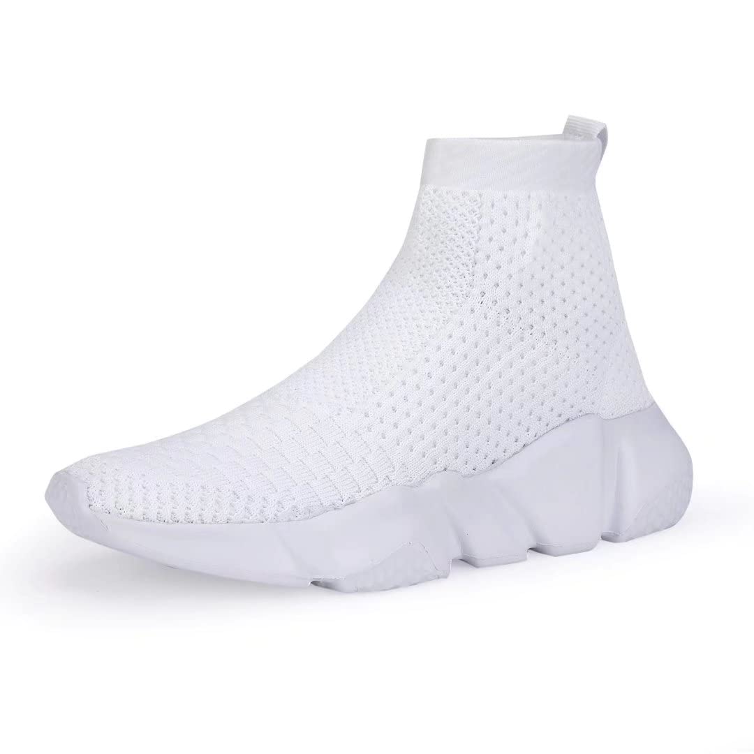 YAVY Girls Sneakers White Walking Shoes Boys High Top Sneakers Breathable Kids Tennis Shoes Lightweight Walking Shoes Slip On Knit Sock Sneakers for Girls Tennis Shoes Size 4.5 White 054-36