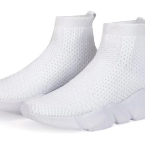 YAVY Girls Sneakers White Walking Shoes Boys High Top Sneakers Breathable Kids Tennis Shoes Lightweight Walking Shoes Slip On Knit Sock Sneakers for Girls Tennis Shoes Size 4.5 White 054-36