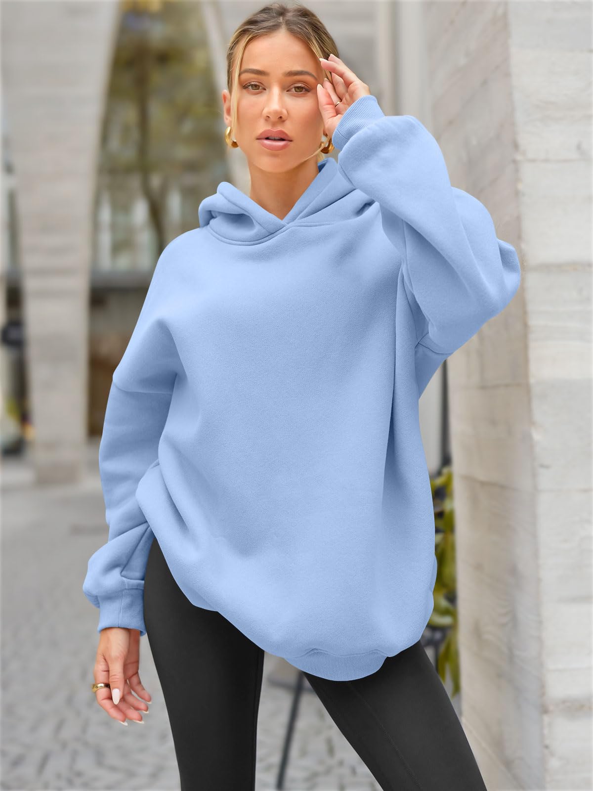 EFAN Hoodies for Women Oversized Sweatshirts Fall Fashion Outfits 2024 Clothes Fleece Solid Basic Soft Workout Loose Tops Sweaters Light Blue