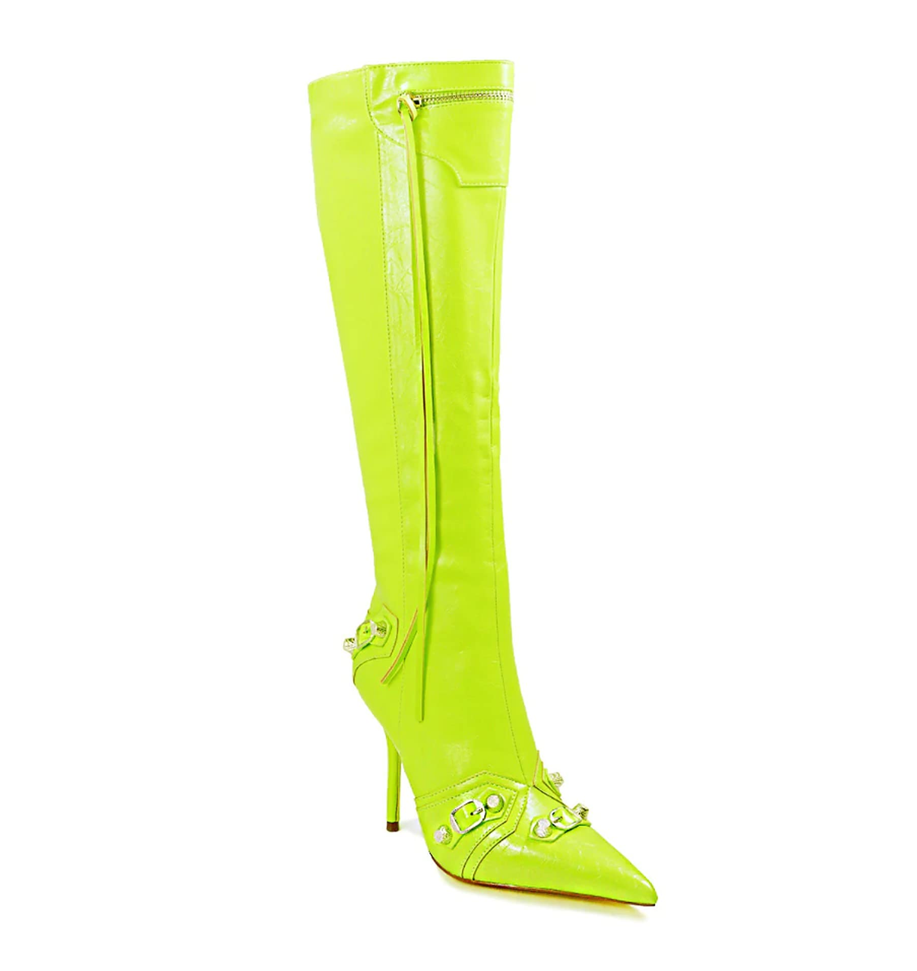 Women Pointy Toe Knee High Heel Boot with Tassel Zipper Bexie-3 Lime 11