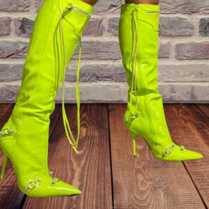 Women Pointy Toe Knee High Heel Boot with Tassel Zipper Bexie-3 Lime 11