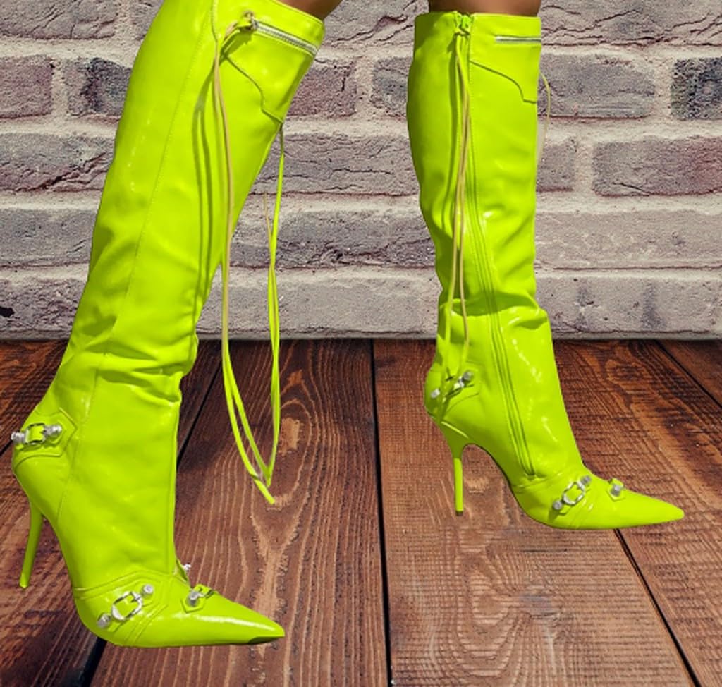 Women Pointy Toe Knee High Heel Boot with Tassel Zipper Bexie-3 Lime 11